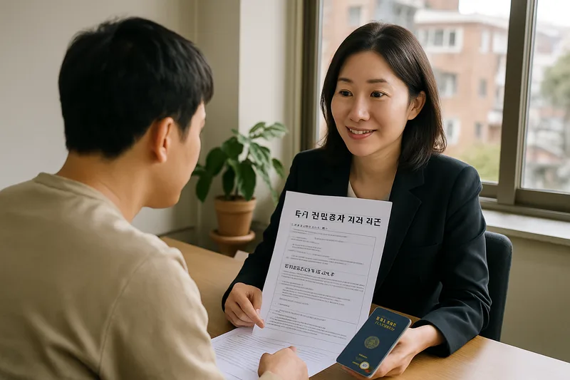 F-1 방문동거 비자 서류와 여권을 검토하는 행정사, 체류자격외활동 허가 상담