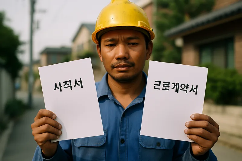작업복 차림으로 사직서와 근로계약서를 손에 든 외국인 근로자, E-9 비전문취업 사업장 변경 고민