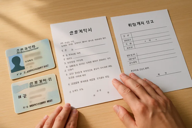 H-2 방문취업 외국인등록증과 근로계약서, 취업개시 신고 서류를 책상 위에 놓고 검토하는 모습