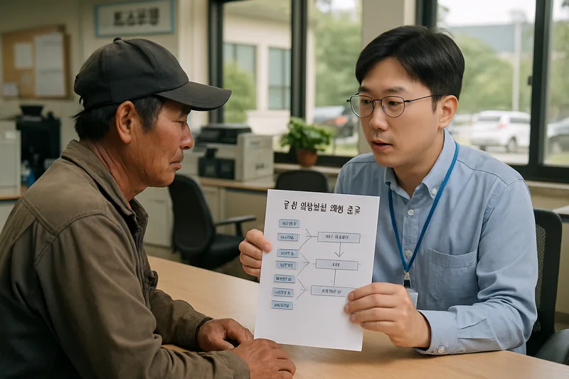 시·군청 계절근로 담당 창구에서 배정 서류를 상담받는 농장주, E-8 계절근로 배정 절차