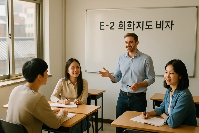 한국 어학원 강의실에서 외국인 원어민 강사가 학생들을 가르치는 모습, E-2 회화지도 비자