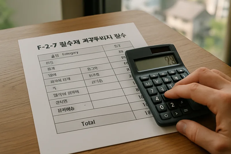 점수 항목이 적힌 서류와 계산기를 놓고 거주비자 점수를 계산하는 장면, F-2-7 점수제