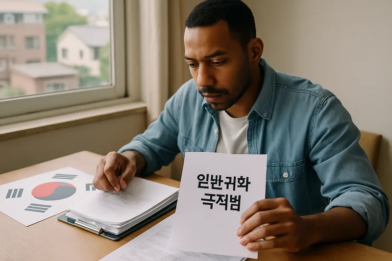 대한민국 국적 취득을 준비하는 외국인이 서류를 정리하는 모습, 일반귀화 국적법