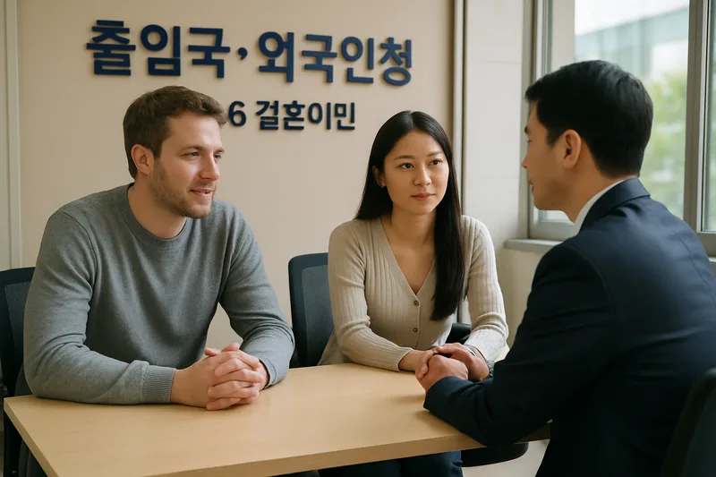 출입국·외국인청 면접 창구에서 마주 앉아 이야기를 나누는 국제결혼 부부, F-6 결혼이민 인터뷰