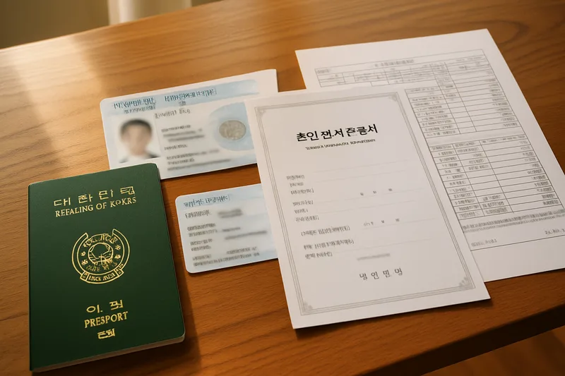 식탁 위에 여권 외국인등록증 혼인관계증명서 소득서류를 펼쳐 연장 서류를 준비하는 모습, F-6 연장 준비 서류