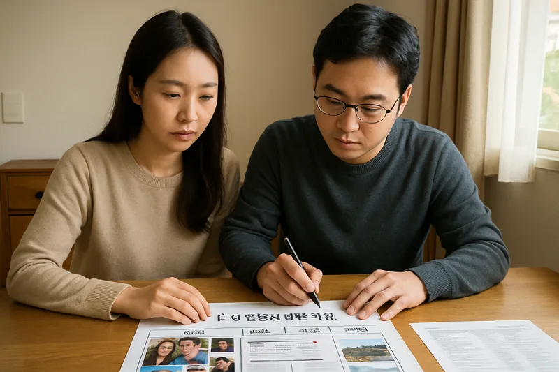 교제 사진 항공권 연락기록 등 관계 증빙 자료를 표로 정리하는 부부, F-6 진정성 보완 서류