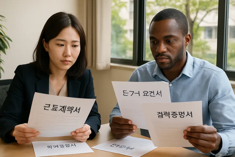 근로계약서 학위증명서 경력증명서를 검토하며 E-7 서류를 준비하는 채용 담당자와 외국인 지원자, E-7-1 요건 서류