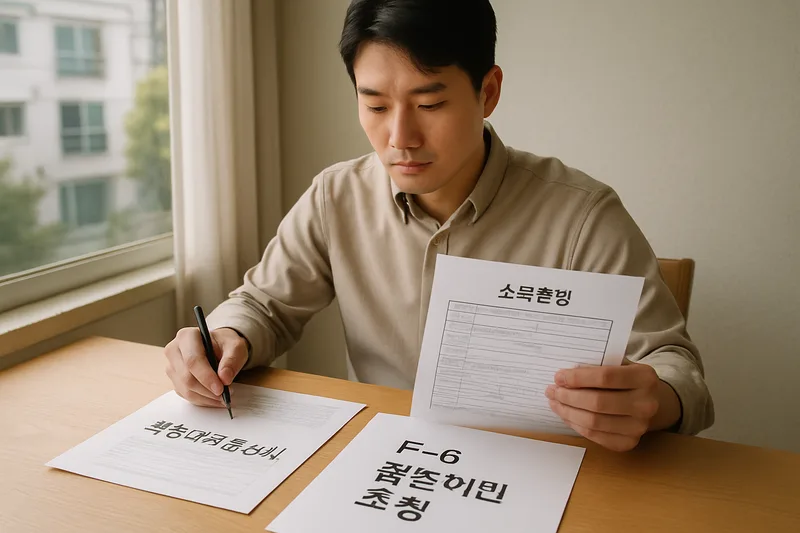 한국인 배우자가 소득증명과 혼인관계증명서 등 초청 서류를 정리하는 모습, F-6 결혼이민 초청