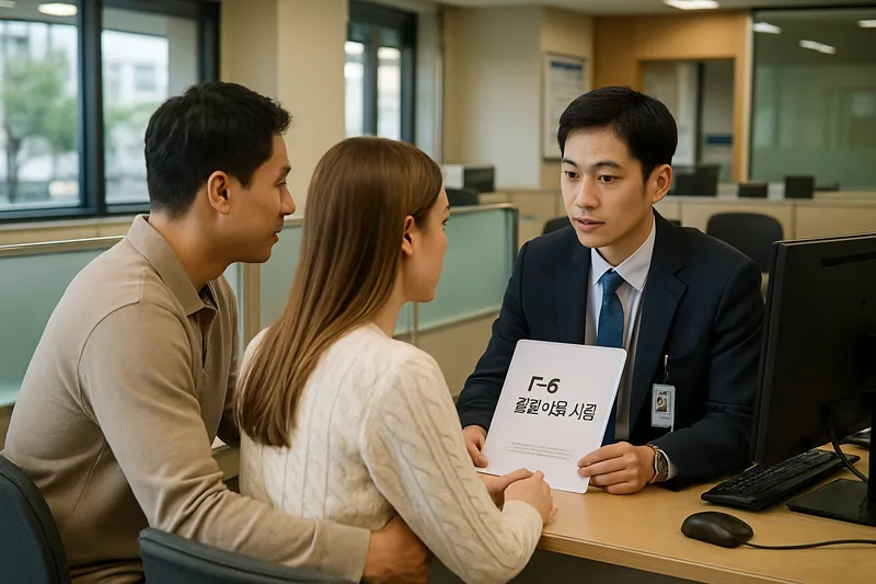 출입국 민원실 창구에서 상담 받는 국제결혼 부부, F-6 결혼이민 사증 심사