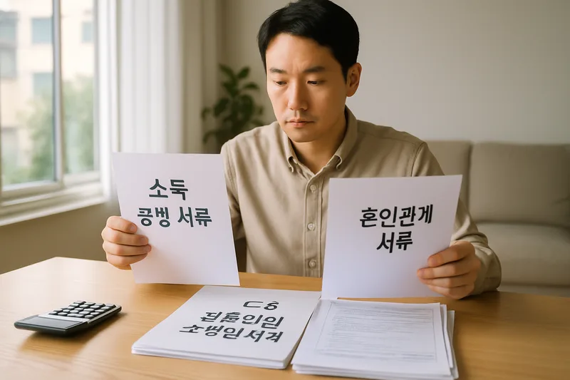 한국인 배우자가 소득 증빙 서류와 혼인 관계 서류를 정리하는 모습, F-6 결혼이민 초청인 자격