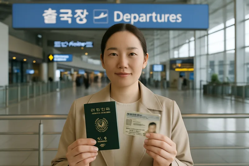인천공항 출국장에서 여권과 외국인등록증을 든 결혼이민 배우자, F-6 재입국허가 확인