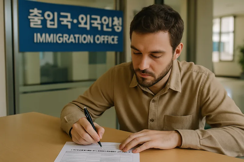 출입국·외국인청에서 재입국허가 신청서를 작성하는 외국인, F-6 재입국허가 절차