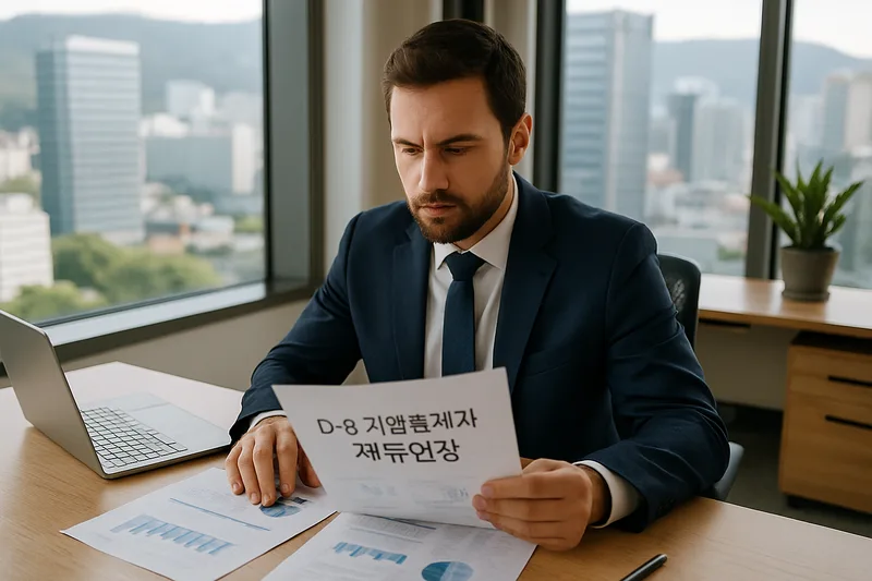 외국인 투자자가 한국 법인 사무실에서 재무 서류를 검토하는 모습, D-8 기업투자 비자 체류연장