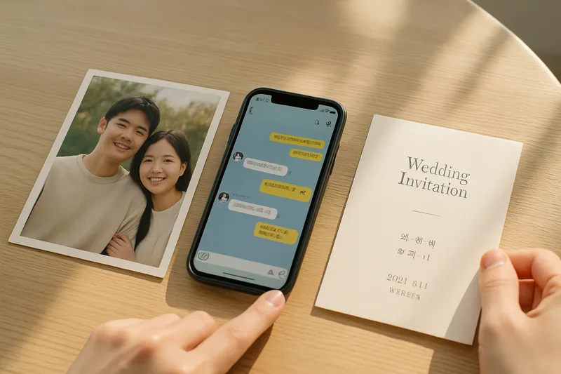 교제 사진과 메신저 대화, 청첩장을 테이블에 펼쳐 정리하는 모습, F-6 진정성 입증 자료