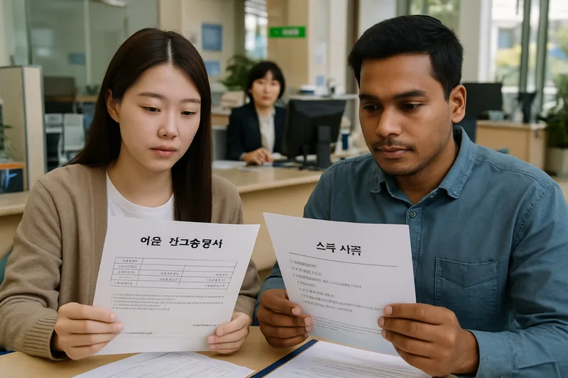 한국 은행 창구에서 예금 잔고증명과 소득 서류를 준비하는 부부, F-6 결혼이민 소득요건 보완
