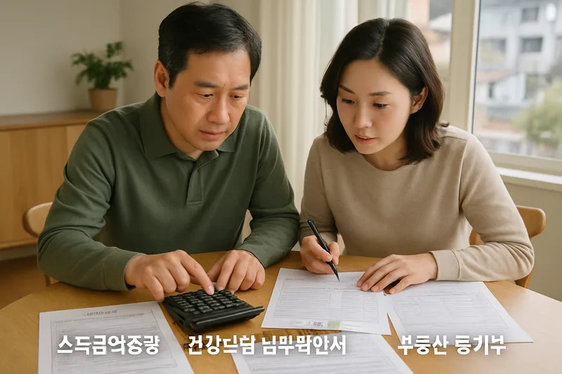 식탁에 소득금액증명·건강보험 납부확인서·부동산 등기부를 펼쳐 놓고 계산하는 부부, F-6 소득 합산