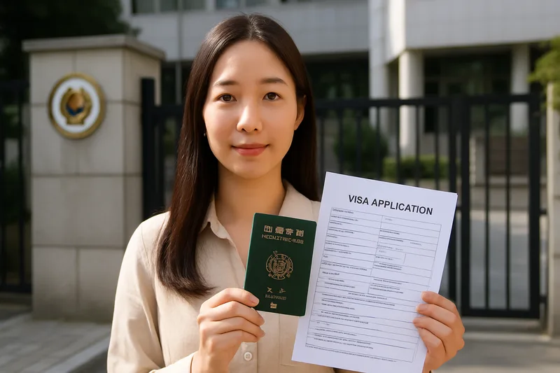 여권과 사증 서류를 들고 재외공관 앞에 선 결혼이민 신청자, F-6 사증 신청 절차
