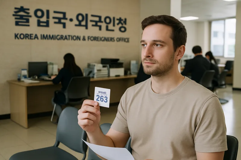 한국 출입국·외국인청 민원실에서 번호표를 들고 외국인등록을 기다리는 신청자, F-6 입국 후 절차