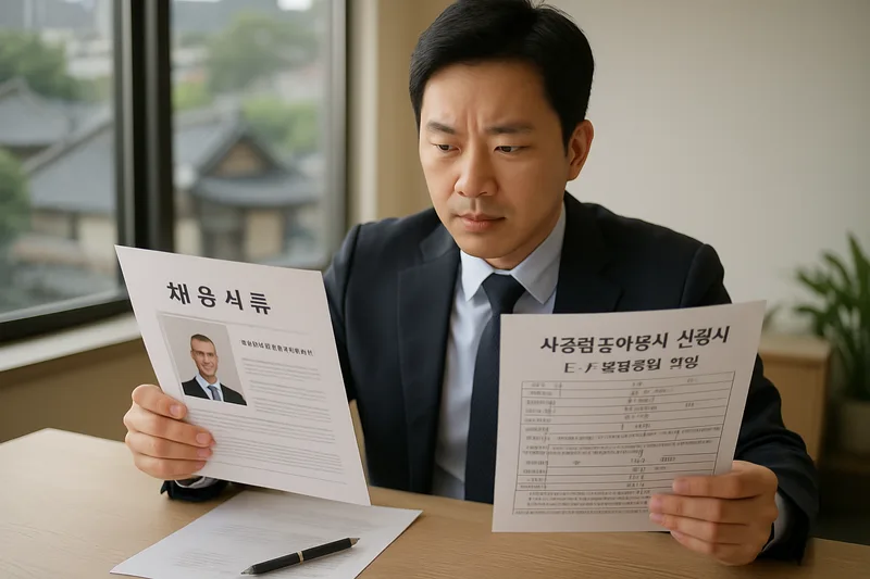 한국 기업 인사담당자가 외국인 직원 채용 서류와 사증발급인정서 신청서를 검토하는 모습, E-7 특정활동 초청