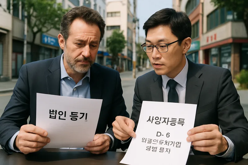 법인 등기와 사업자등록 서류를 검토하는 외국인 대표와 전문가, D-8 외국인투자기업 설립 절차