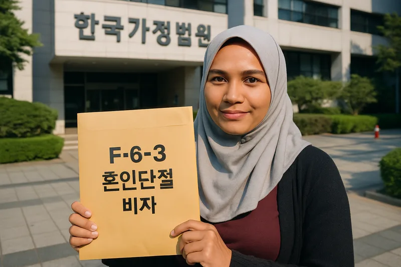 한국 가정법원 앞에서 서류 봉투를 든 외국인 결혼이민자 여성, F-6-3 혼인단절 비자
