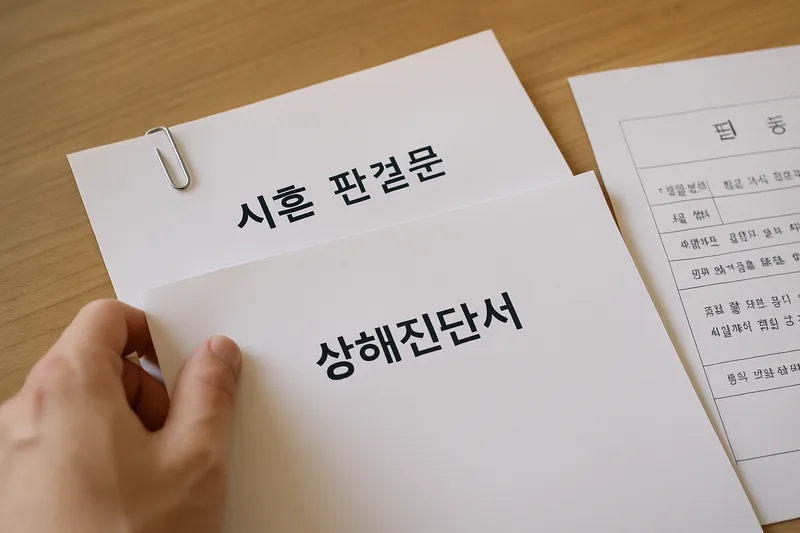 상해진단서와 이혼 판결문 등 서류를 정리하는 손 클로즈업, 귀책사유 입증 자료