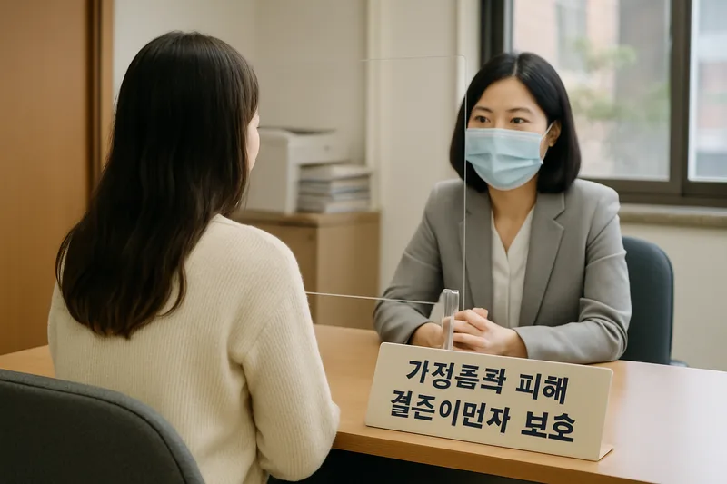 상담 창구에서 지원 상담을 받는 외국인 여성의 뒷모습, 가정폭력 피해 결혼이민자 보호