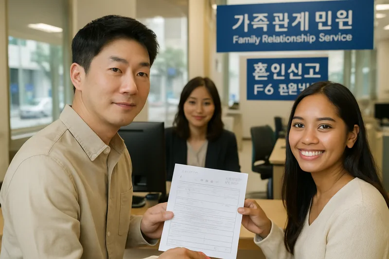한국 구청 가족관계 민원 창구에서 혼인신고 서류를 제출하는 국제결혼 부부, F-6 결혼비자 준비