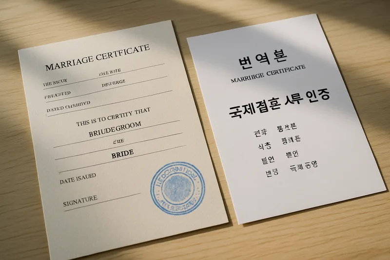 아포스티유 확인 도장이 찍힌 해외 발급 혼인증명서와 한국어 번역본, 국제결혼 서류 인증