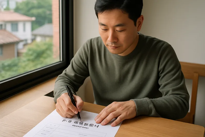 한국인 배우자가 결혼비자 초청 서류에 서명하는 장면, F-6 신원보증서