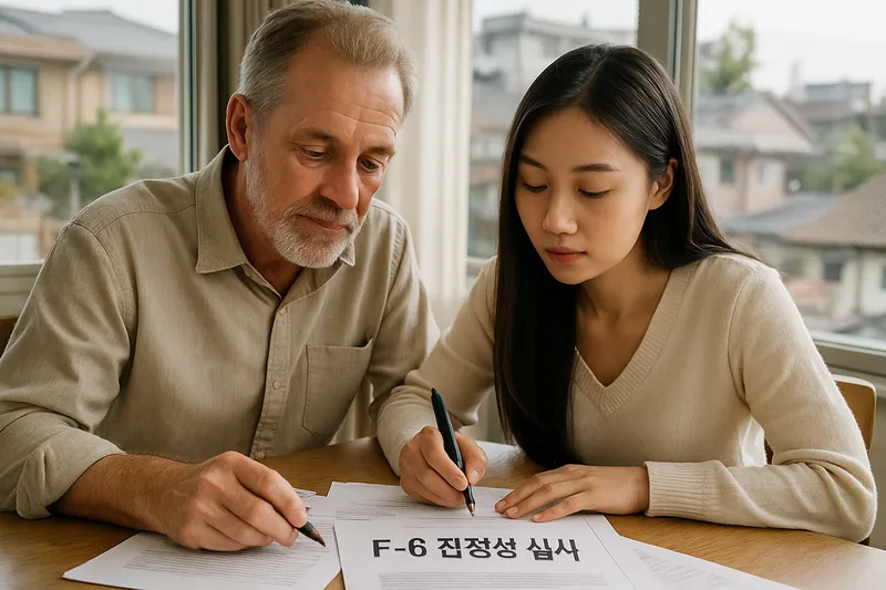 나이 차이가 있는 국제결혼 부부가 함께 서류를 준비하는 모습, F-6 진정성 심사