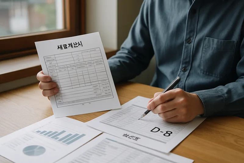 세금계산서와 재무제표 등 사업 실적 서류를 검토하는 장면, D-8 연장 심사 준비