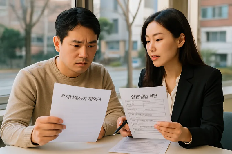 국제결혼 중개 계약서와 신상정보 서면을 함께 검토하는 한국인 남성과 상담사, F-6 결혼이민 비자 준비
