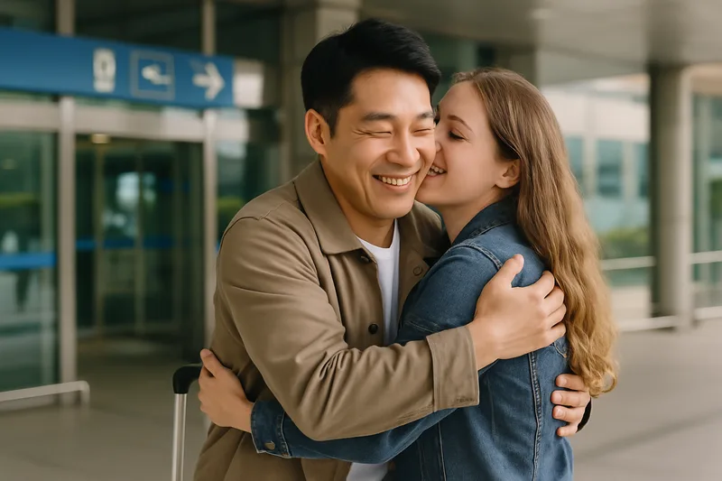 공항에서 재회하는 한국인 남편과 외국인 아내, 국제결혼 F-6 결혼이민 비자 입국 장면