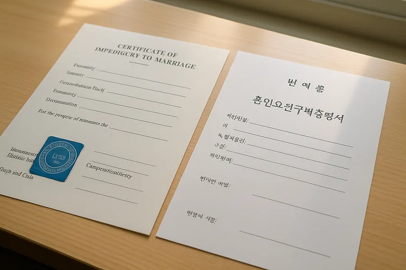 아포스티유 스티커가 붙은 외국 발행 혼인요건구비증명서와 번역본을 책상 위에 펼쳐 놓은 모습, F-6 결혼비자 서류 준비