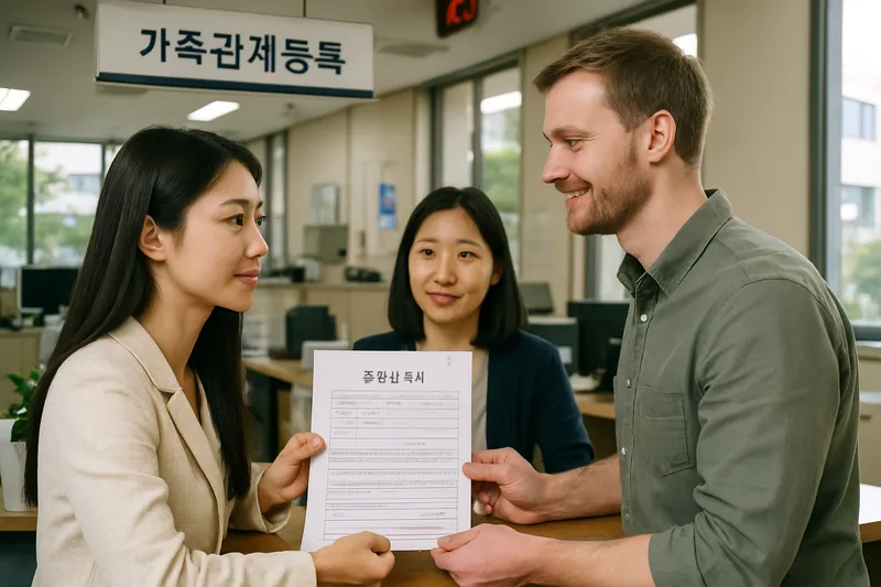 한국 구청 가족관계등록 창구에서 혼인신고 서류를 접수하는 국제결혼 부부, F-6 결혼비자 전 단계