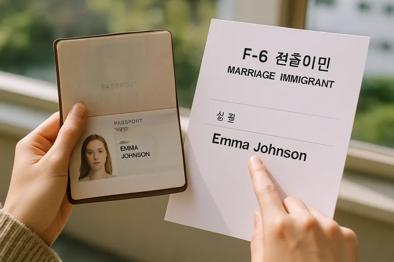 여권과 번역본 서류를 대조하며 이름 철자를 확인하는 외국인 여성의 손, F-6 결혼이민 서류 준비