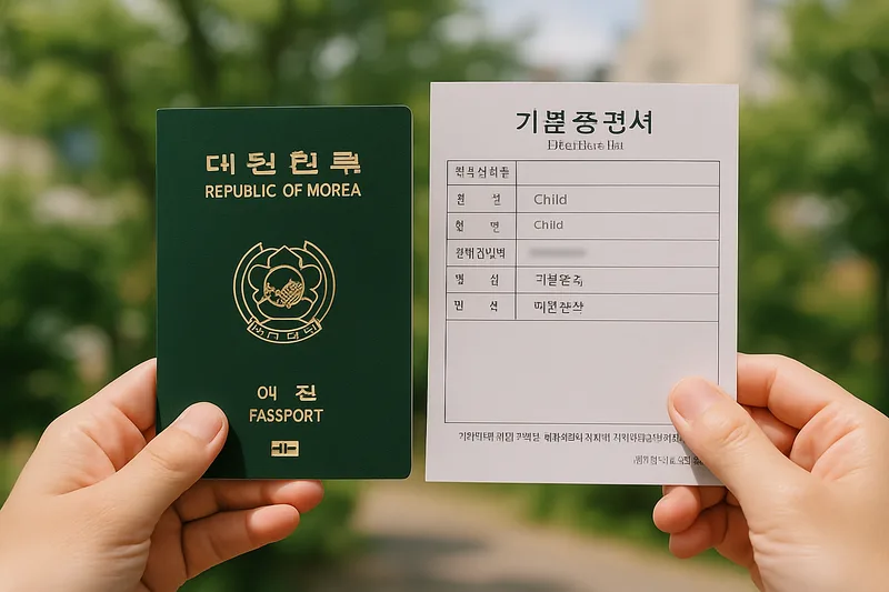 대한민국 여권과 아이의 기본증명서를 나란히 놓고 확인하는 부모의 손, 국제결혼 자녀 국적과 복수국적 선택