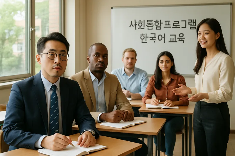 사회통합프로그램 한국어 수업에서 강의를 듣는 외국인 사업가들, F-2-7 거주자격 점수 준비