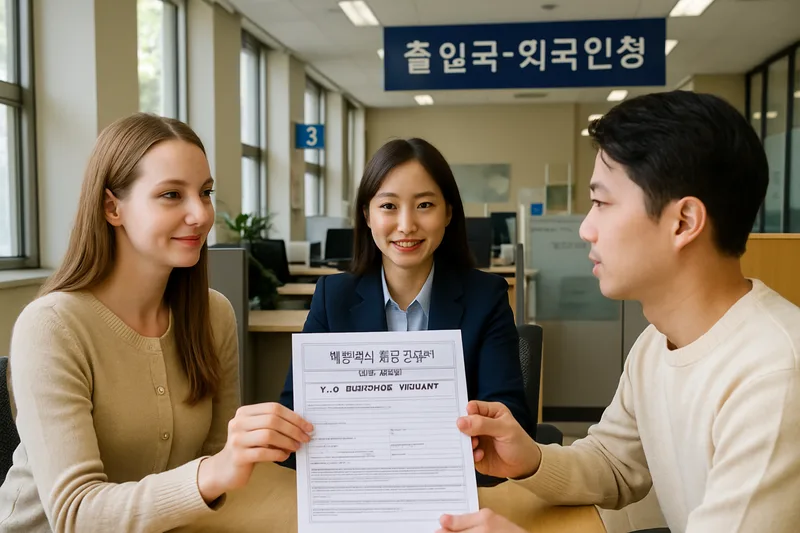 한국 출입국·외국인청 창구에서 외국인 배우자와 한국인 배우자가 체류자격 변경 신청서를 제출하는 모습, F-6 결혼이민 체류자격 변경