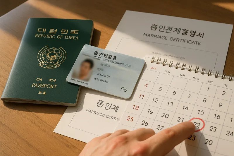 여권과 외국인등록증, 혼인관계증명서를 나란히 놓고 체류기간 만료일을 달력에서 확인하는 손, F-6 체류자격 변경 준비