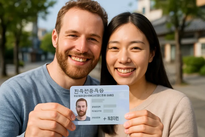 새로 발급받은 외국인등록증을 들고 웃는 외국인 배우자와 한국인 배우자, F-6 결혼이민 체류자격 변경 허가 완료