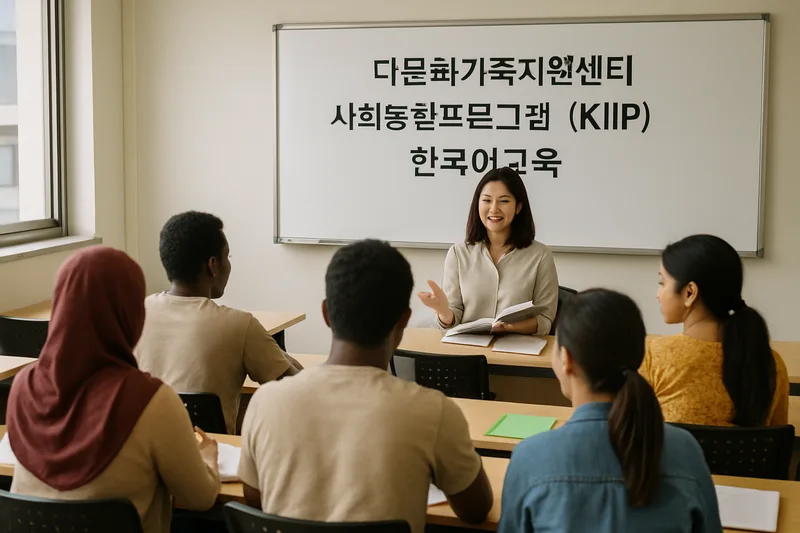 한국의 다문화가족지원센터 강의실에서 외국인 결혼이민자들이 한국어 수업을 듣는 모습, 사회통합프로그램 KIIP