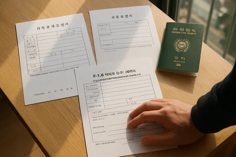 가족관계증명서와 신원보증서, 여권을 펼쳐 놓고 F-1-5 방문동거 초청 서류를 확인하는 한국인 남편의 손