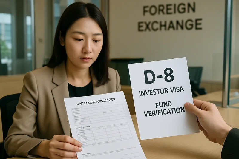 외국환은행 창구에서 해외 송금 서류와 자본금 납입 증명을 확인하는 모습, D-8 기업투자 비자 투자금 증빙