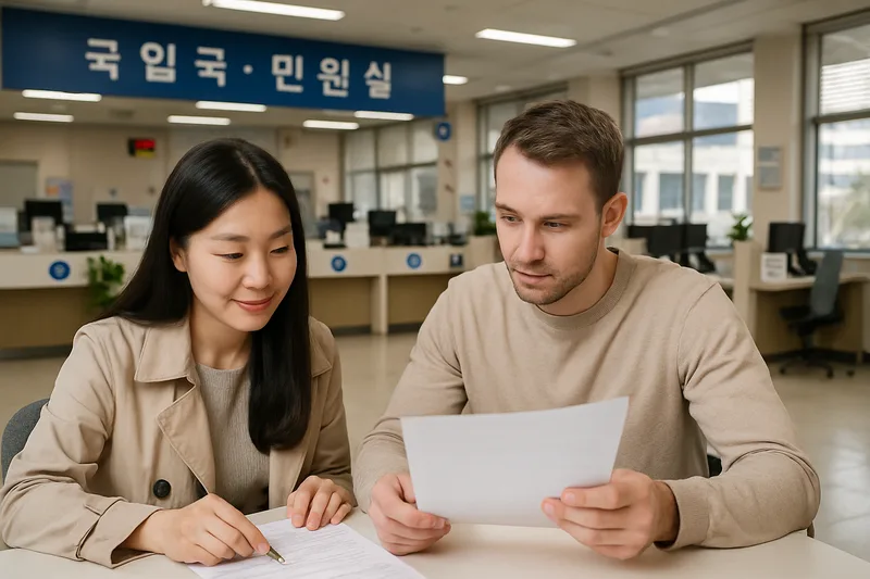 한국 출입국·외국인청 민원실에서 체류기간 연장 서류를 준비하는 국제결혼 부부, F-6 결혼비자 연장