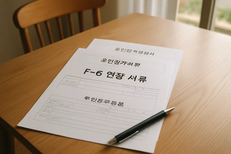 식탁 위에 놓인 혼인관계증명서와 주민등록등본 등 체류연장 준비 서류 클로즈업, F-6 연장 서류