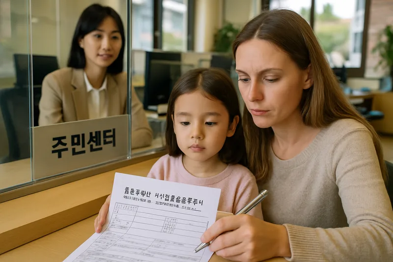주민센터 창구에서 외국인등록 서류를 작성하는 어머니와 아이, 결혼이민자 자녀 외국인등록