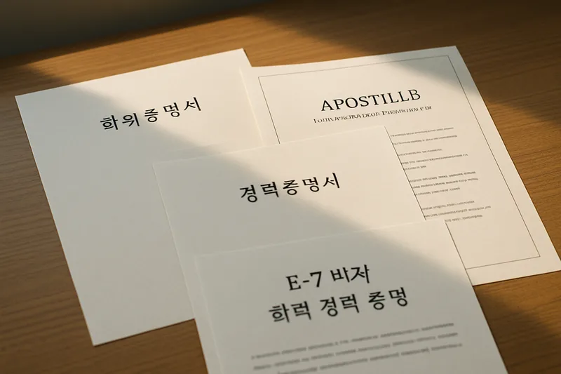 책상 위에 놓인 학위증명서와 경력증명서, 아포스티유 서류 클로즈업, E-7 비자 학력 경력 증명