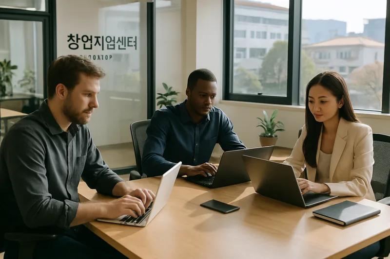한국 창업지원센터 공용 사무공간에서 일하는 외국인 창업팀, 기술창업 비자 사업 실체
